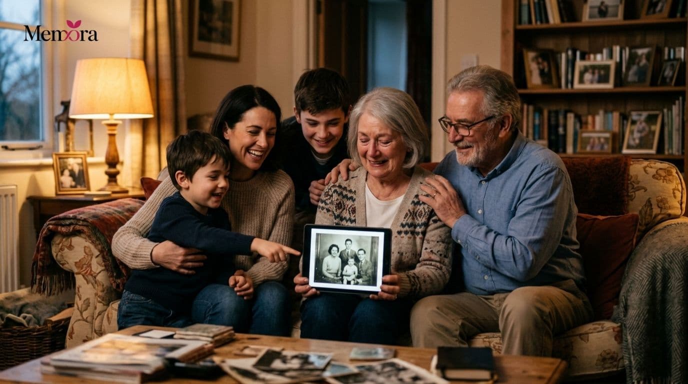 Three generations sharing family memories digitally