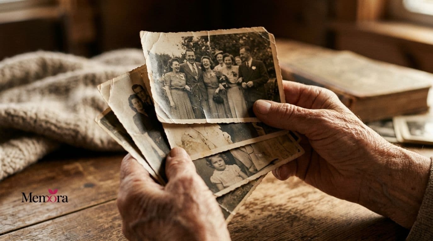 Mans sostenint fotos antigues en blanc i negre